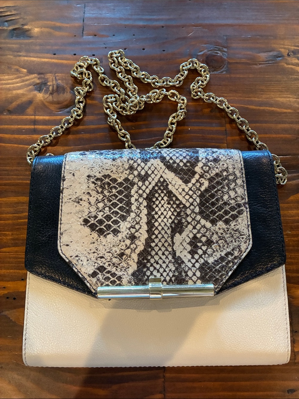 Vince Camuto Black, Cream & Snake-Print Chain Crossbody